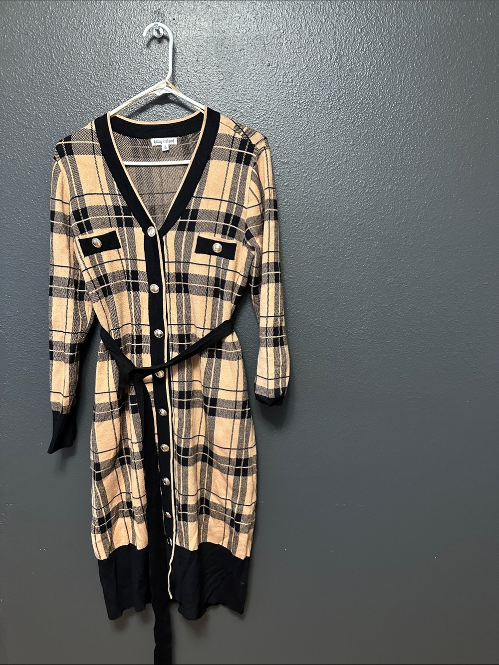kathy ireland Beige and Black Plaid Belted Cardigan Dress